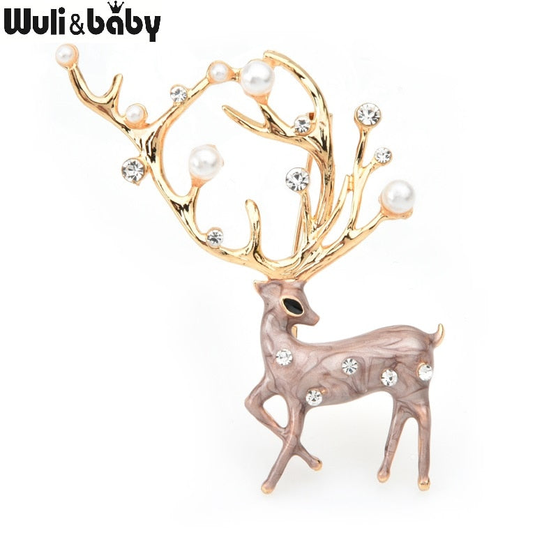 Wuli&amp;baby Red Brown Enamel Deer Brooches Women Alloy Pearl Elk Animal Brooch Pins Gifts