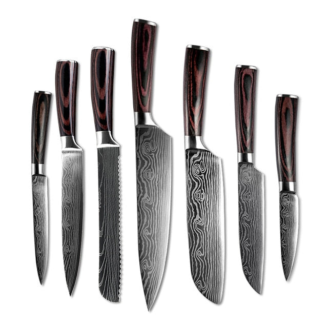 10pcs Damascus Kitchen Knife Set Laser Pattern Professional Chef Knives 440C Stainless Steel Knife Sharpener