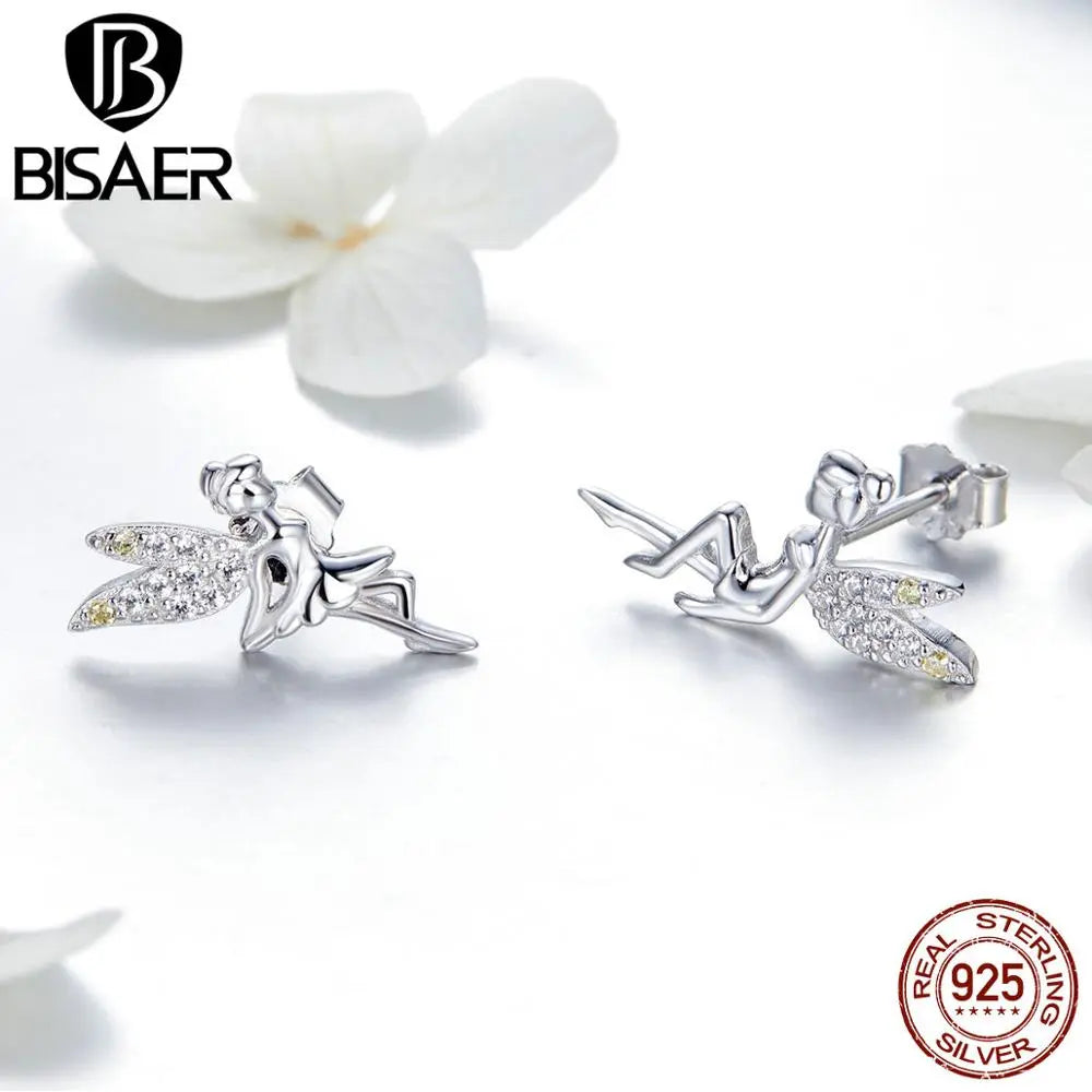 BISAER 925 Sterling Silver Circle Licorne Tree Leaves Snowflake Butterfly Stud Earrings Women Fashion Earrings Jewelry Brincos