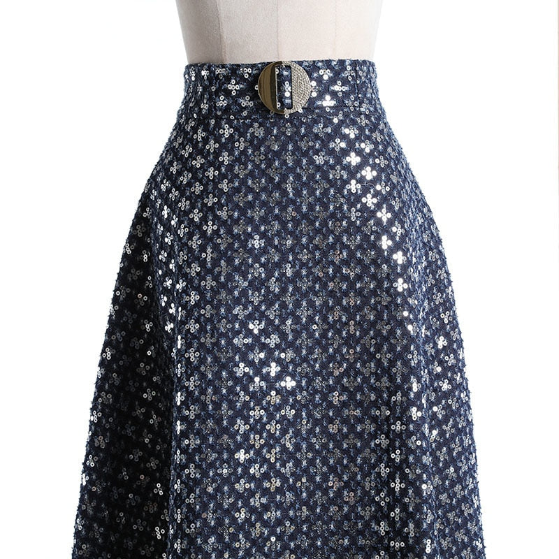 TWOTWINSTYLE Denim Patchwork Sequin Skirt For Women High Waist Casual A Line Skirts Female Fashion New Clothing 2022 Spring New