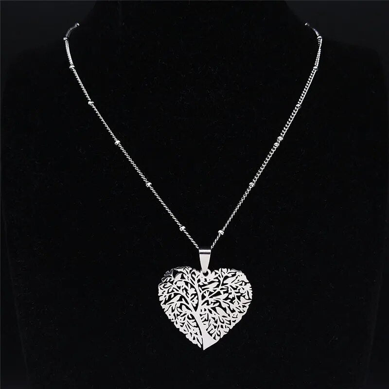 Fashion Heart Tree of Life Stainless Steel Statement Necklace for Women Silver Color Necklaces Jewelry collares  N4205S01