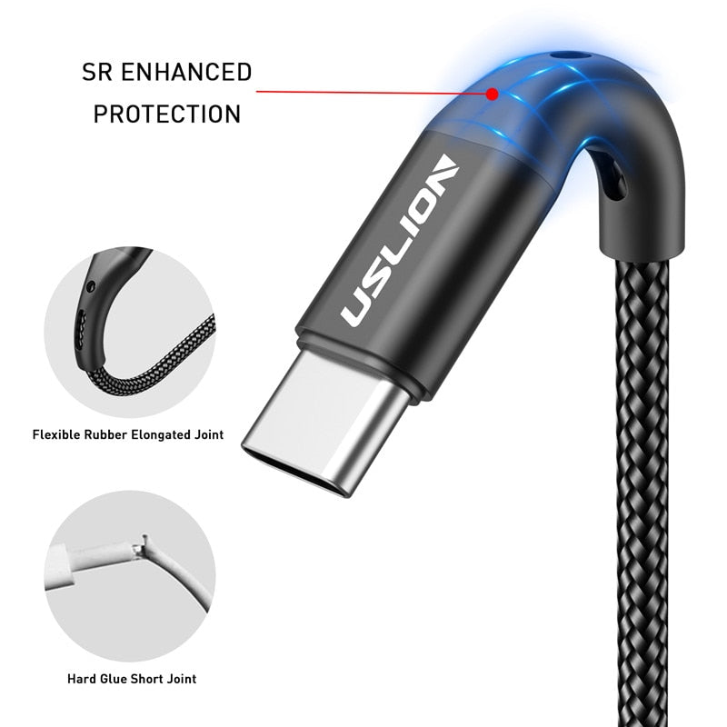 USLION 3A USB Type C Cable Fast Charging Wire for Samsung Galaxy S8 S21 Plus Xiaomi mi11 Huawei Mobile Phone USB C Charger Cable