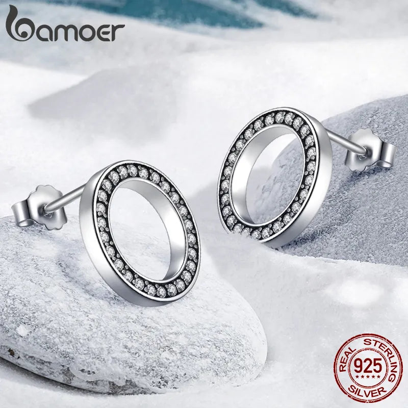 BAMOER Forever Clear CZ 925 Sterling Silver Circle Round Stud Earrings with CZ Jewelry GIFT Oorbellen Bijoux PAS437