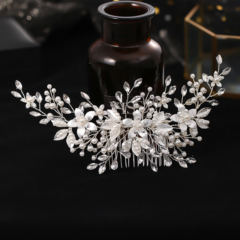 Luxury Women Comb Jewelry Handmade Alloy Imitation Pearl Silver Color Flower Hair Comb Bridal Wedding Headdress Headpeice VL