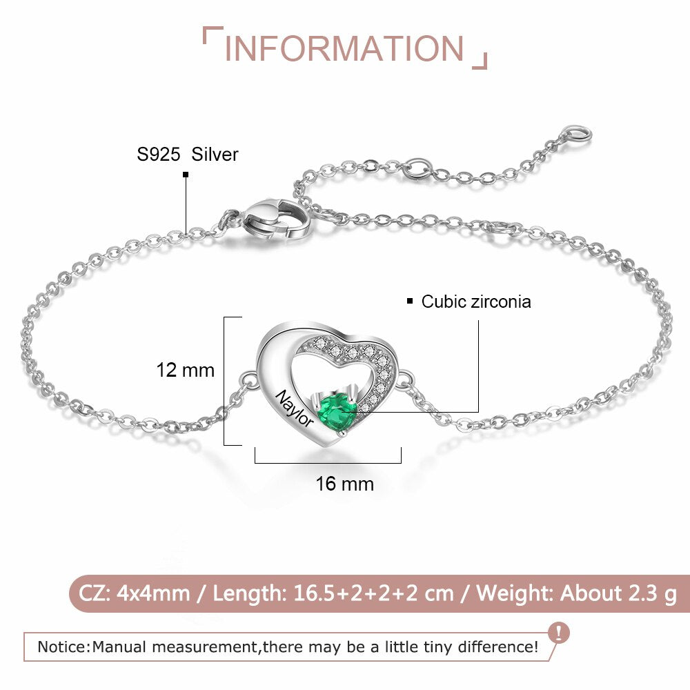 Personalized 925 Sterling Silver Engraved Name Bracelets for Women Lover&#39;s Customized Heart Birthstone Chain Bracelet (BA102973)