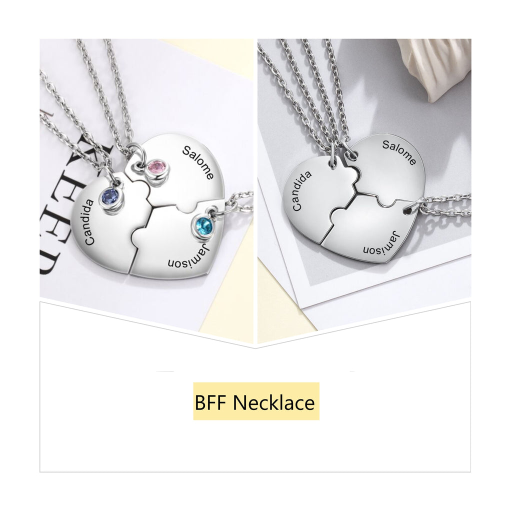 3 pcs Heart Pendant Bff Necklace Personalized Name Necklace Best Friends Friendship Jewelry Gift  for Women (Lam Hub Fong)