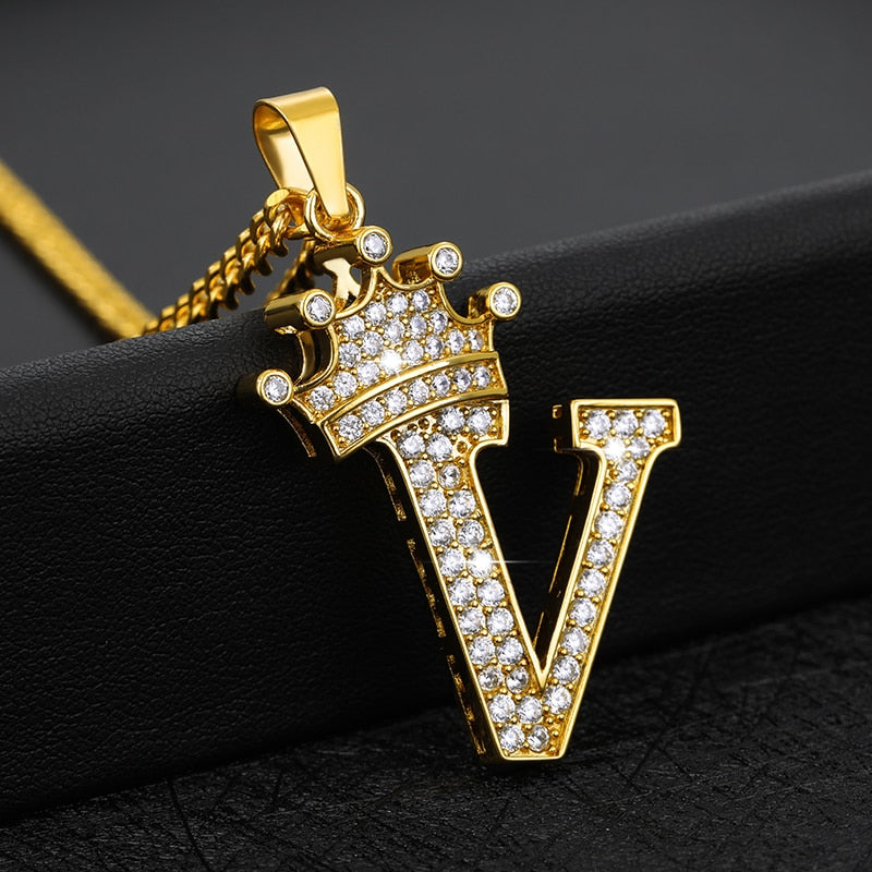 Crystal Zircon Alphabet Pendant Necklaces For Women Men Crown Initial Letter Necklace Hip Hop Chain Jewelry Collier Bijoux