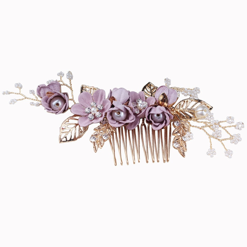 Bridal Wedding Hair Accessories Fashion Pearl Crystal Cloth Flower Hair Combs Headdress Gold Leaves Hair Jewelry Hair Pins