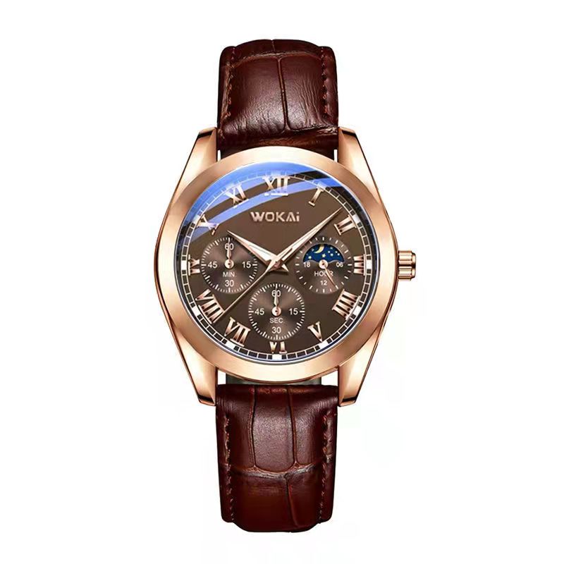 WOKAI high quality Rose Gold Men&#39;s Casual belt quartz watch Men&#39;s student three eyes Women&#39;s night light waterproof clock