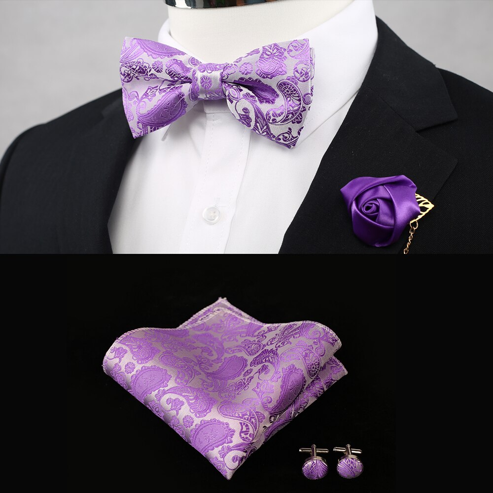 New Silk Flower Business Bowtie Men Vintage Purple Red Black Gold Royal Blue Wedding Bow Ties Pocket Square Handkerchief Set