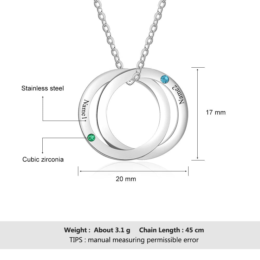 Personalized Double Circles Pendant with Birthstone Custom Name Engraved Stainless Steel Necklace Couple Gift(JewelOra NE103258)