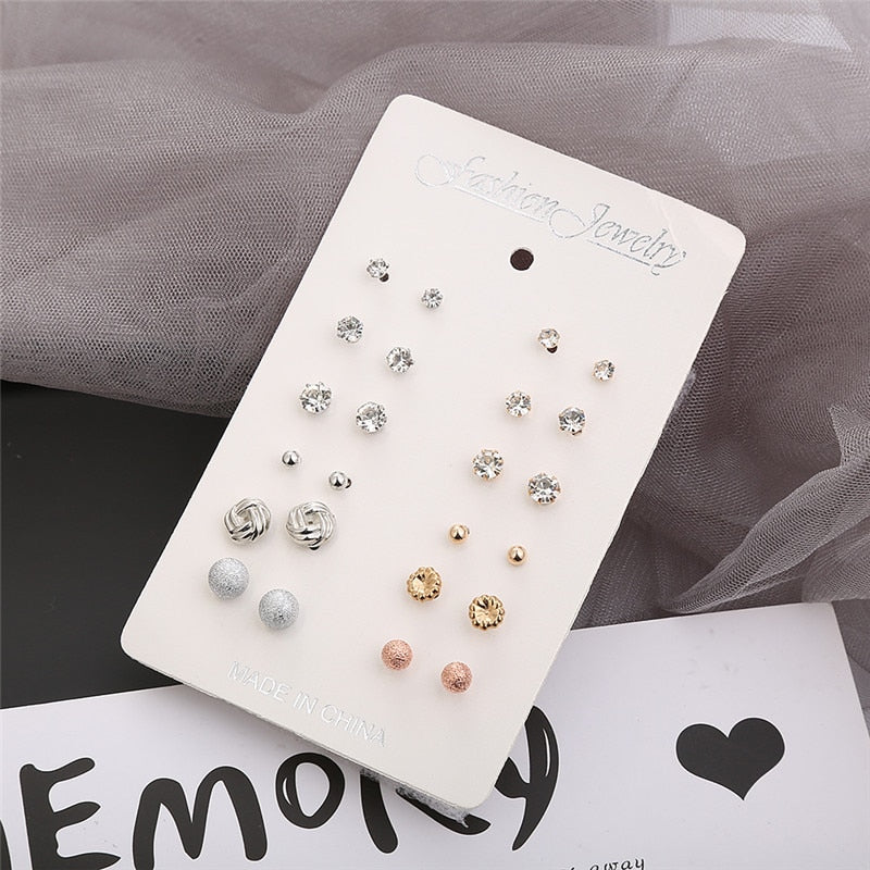 12 pairs/set Crystal Simulated Pearl Earrings Set Women Jewelry Accessories Piercing Ball Stud Earring kit Bijouteria brincos