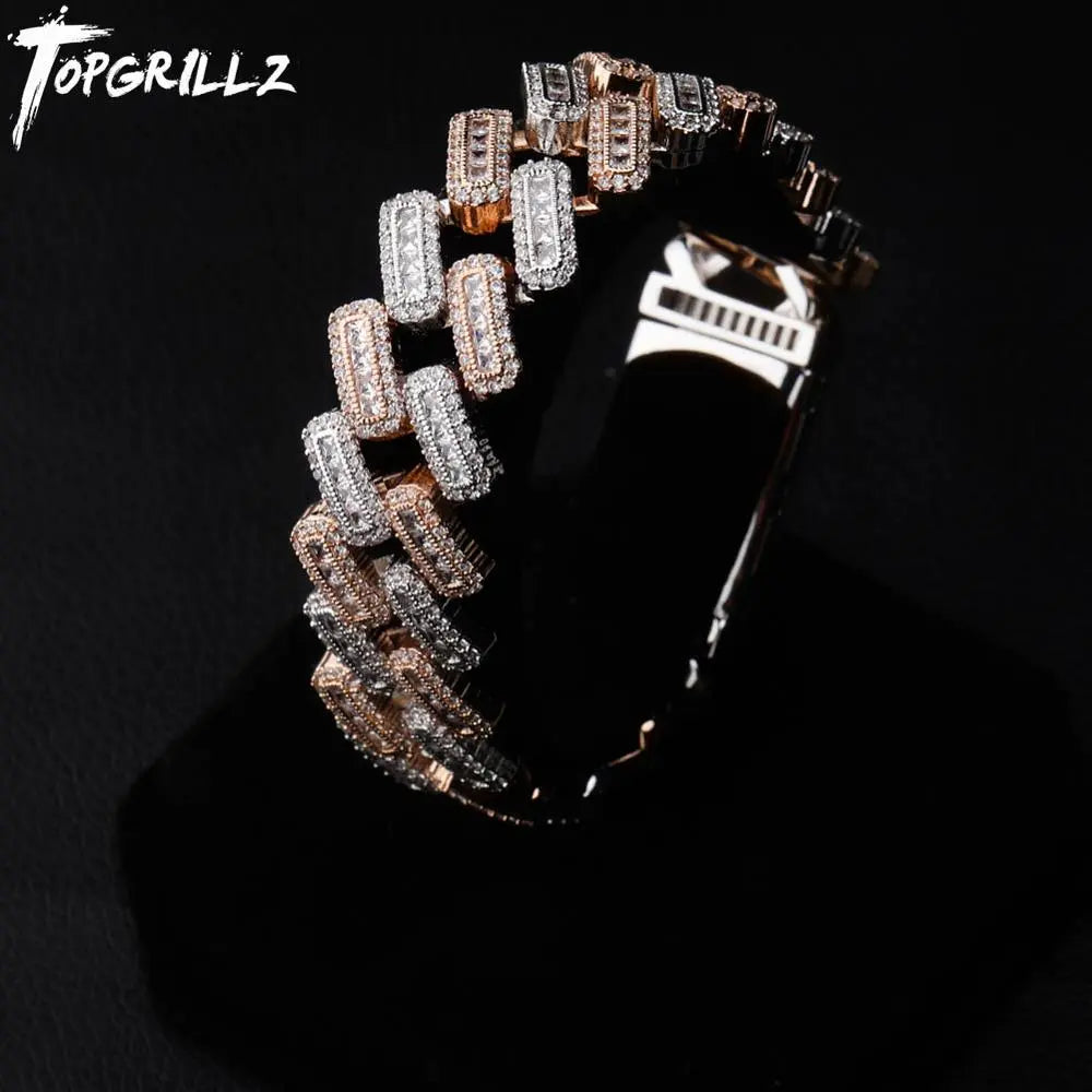 TOPGRILLZ 20mm Box buckle Clasp Baguette Zircon Prong Setting Cuban Bracelet Iced Out Cubic Zirconia Chain Hip Hop Rock Jewelry