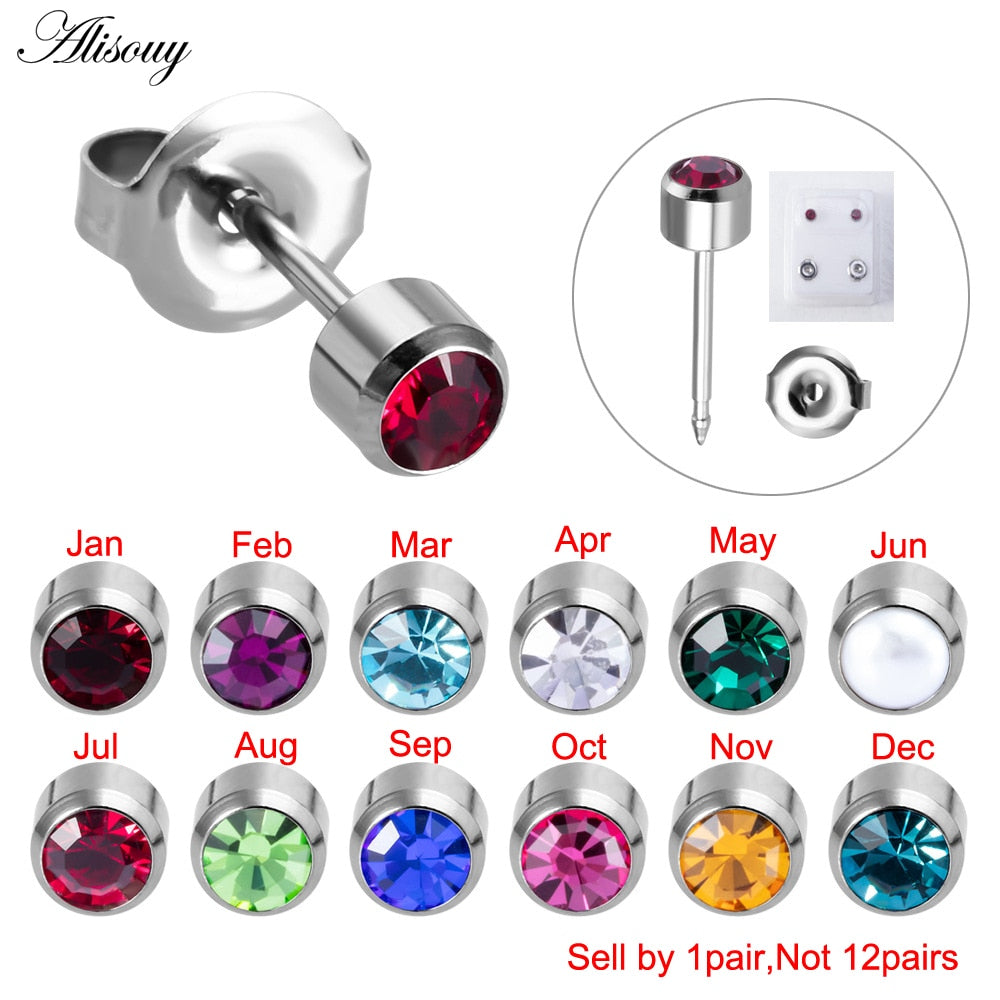 Alisouy 2pcs Stainless Steel Birthstone CZ Zircon Ear Helix Tragus Cartilage Stud Earrings Piercing Professional for Gun Jewelry