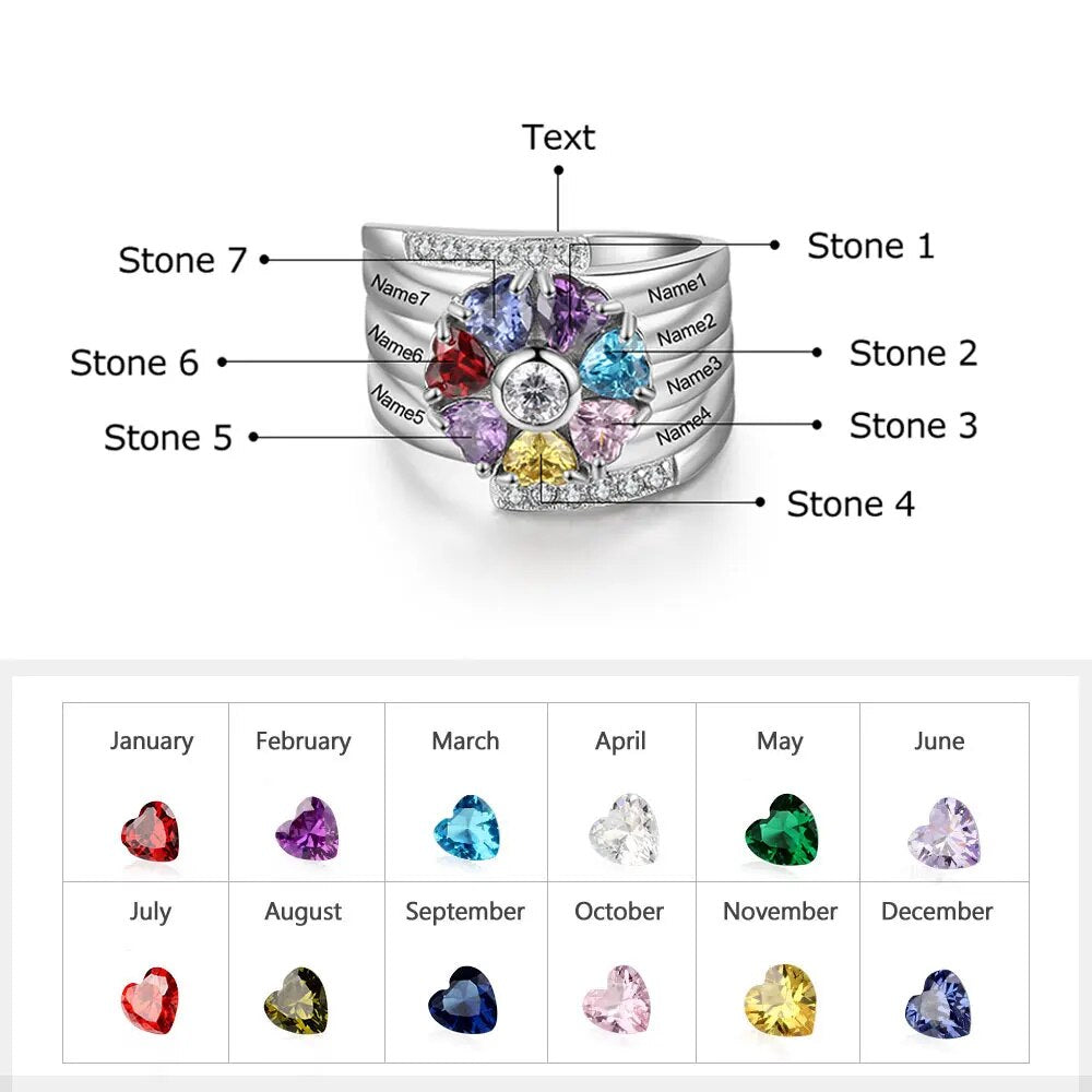 925 Sterling Silver Personalize Mothers Day Ring with 2-8 Birthstone Custom Kids Name Engagement Promise Rings for Women Grandma