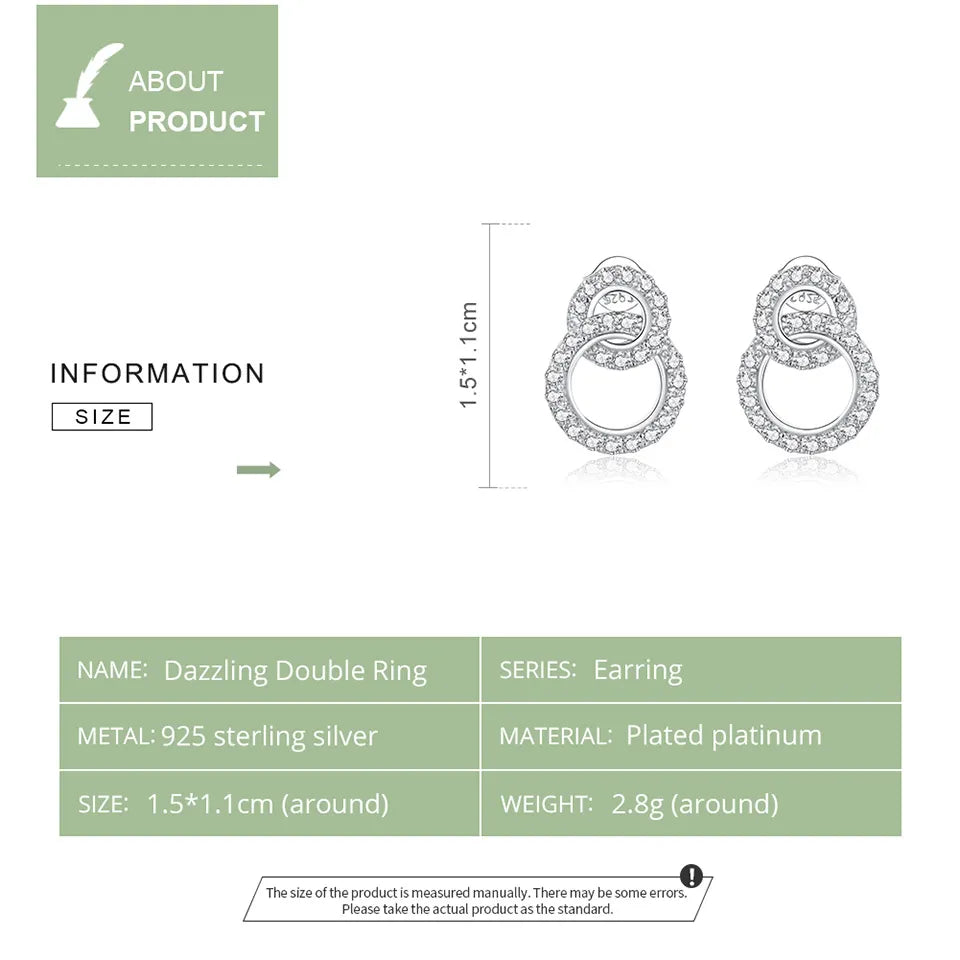 Bamoer 925 Sterling Silver Shining Zircon Double Circle Stud Earrings for Women Wedding Engagemetn Statement Jewelry BSE388