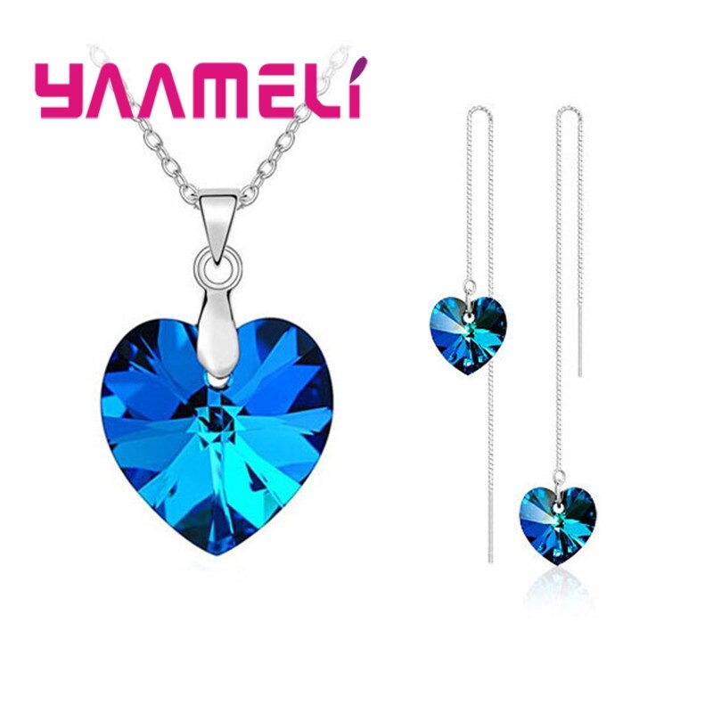 Love Heart Shape Women 925 Sterling Silver Bridal Jewelry Set For Wedding Fashion Crystal Pendants Necklaces Earring Set