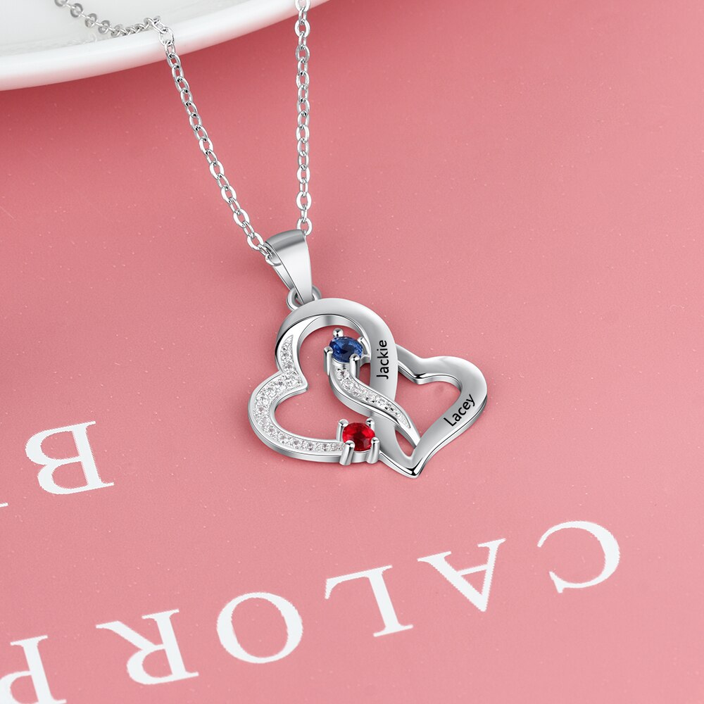 JewelOra Personalized Engraved Pendant Necklaces for Women Customized 2 Birthstones Intertwined Heart Necklace Wedding Jewelry