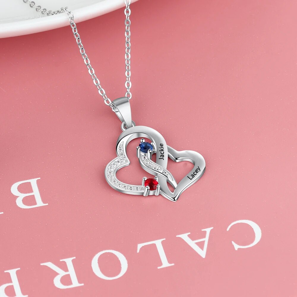 JewelOra Personalized Engraved Pendant Necklaces for Women Customized 2 Birthstones Intertwined Heart Necklace Wedding Jewelry