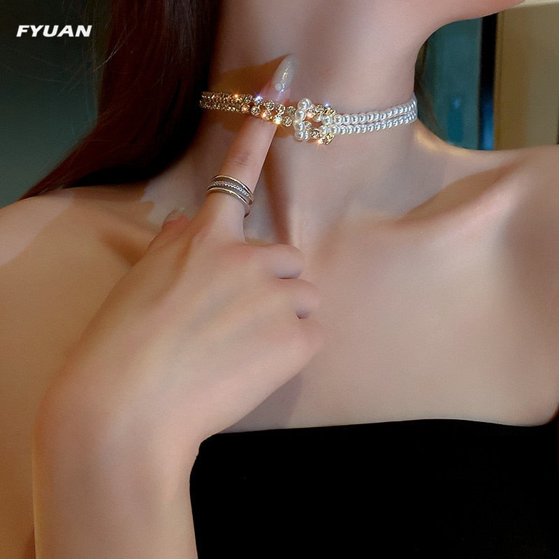 FYUAN Korean Style Pearl Crystal Choker Necklaces for Women Short Chain Rhinestone Necklaces Statement Jewelry