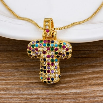 Nidin Luxury A-Z 26 Letters Zircon Pendant for Women Cute Rainbow Initials Name Necklace Fashion Party Wedding Birthday Jewelry