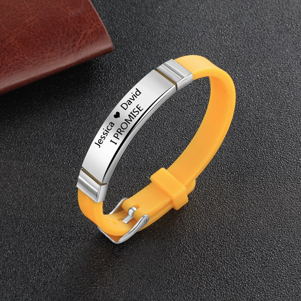 Personalized Engrave Name ID Bracelet for Men Adjustable 5 Colors Rubber Bracelets for Women Custom Stainless Steel Jewelry Gift