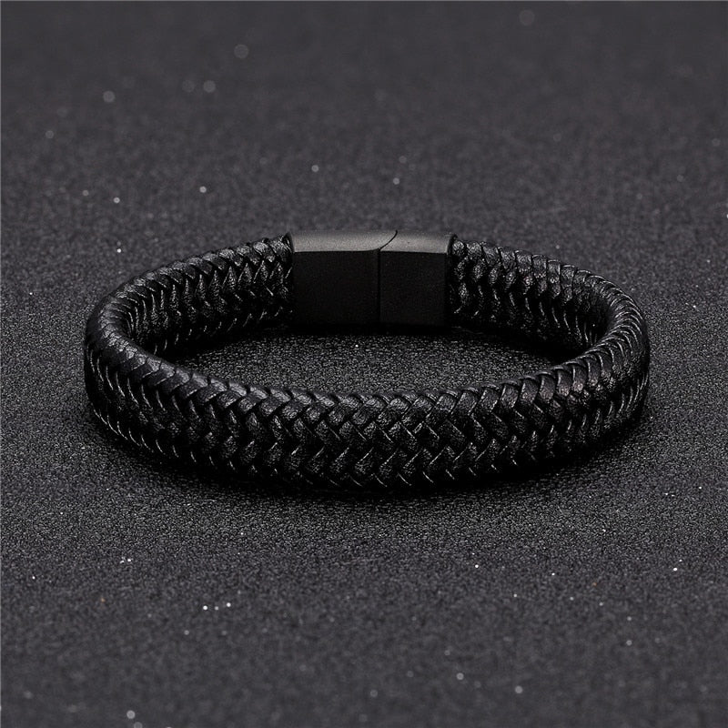 MKENDN Punk Men Leather Bracelet Black Stainless Steel Magnetic Clasp Braided Woven Bangle Pulseras lovers&#39; gift