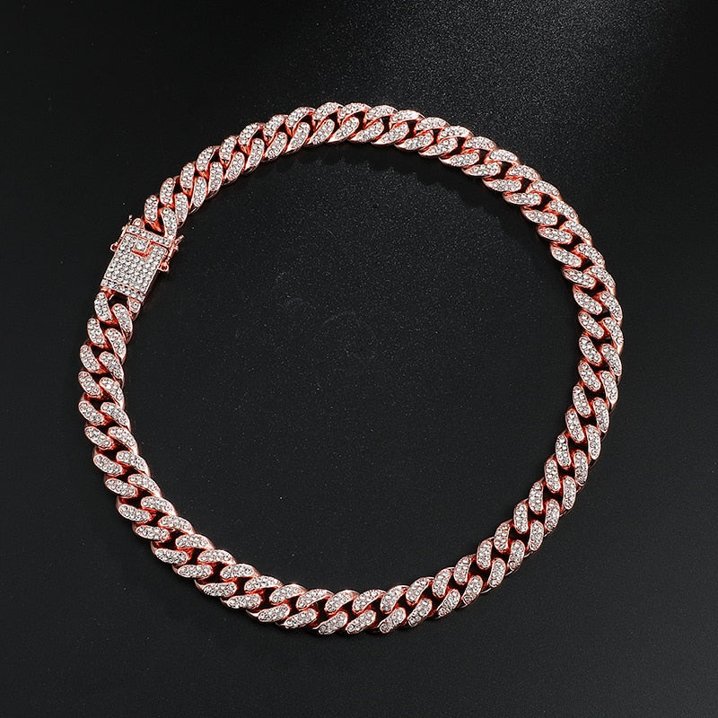 D&amp;Z Hip Hop 13mm Rose Gold Cuban Link Chain For Men Iced Out Bling Rhinestone Chaine Homme Fashion Jewelry Wholesale