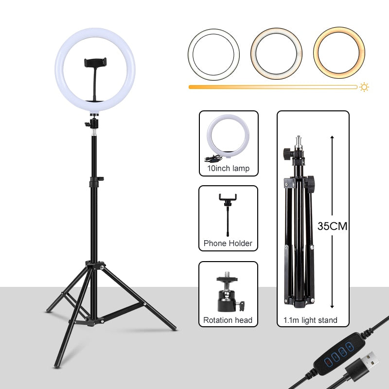 Dimmable Round Circle Light Selfie LED Round Lamps USB With Phone Holder 1.6M Tripod Stand For Tiktok Video Light Makeup Photography Set.