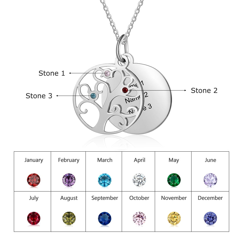 JewelOra Personalized Filigree Family Tree Pendant Necklace with Birthstones Women Custom Name Engraved Tree of Life Necklaces