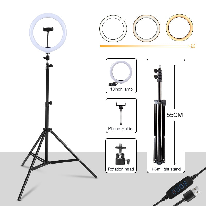 Dimmable Round Circle Light Selfie LED Round Lamps USB With Phone Holder 1.6M Tripod Stand For Tiktok Video Light Makeup Photography Set.