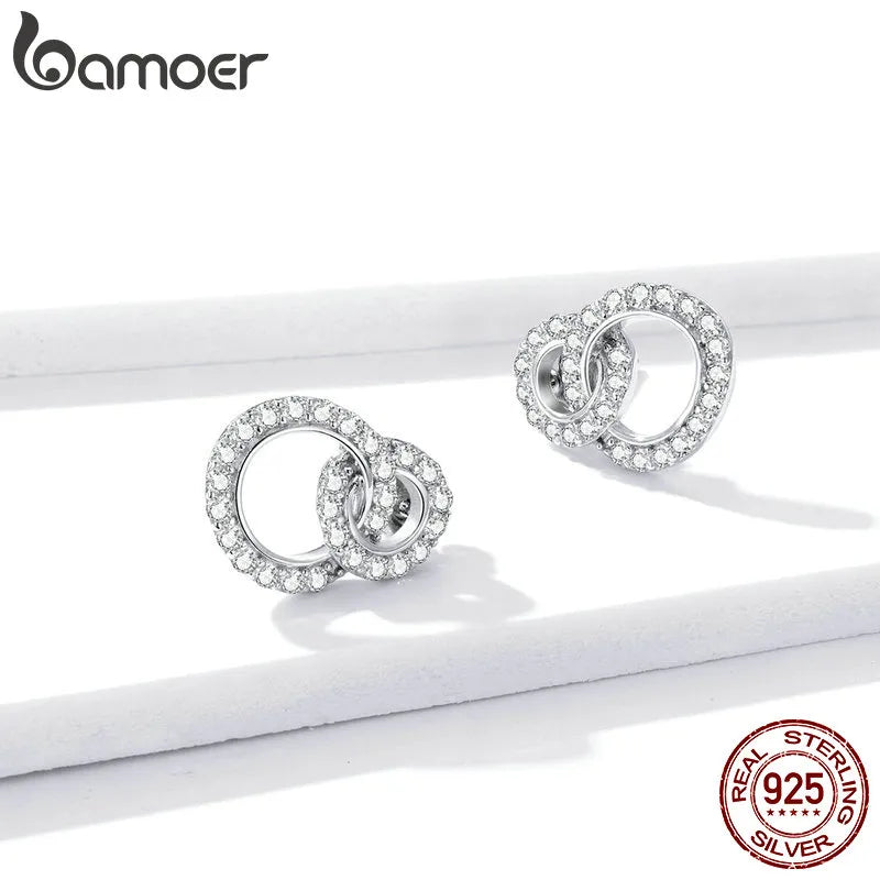 Bamoer 925 Sterling Silver Shining Zircon Double Circle Stud Earrings for Women Wedding Engagemetn Statement Jewelry BSE388