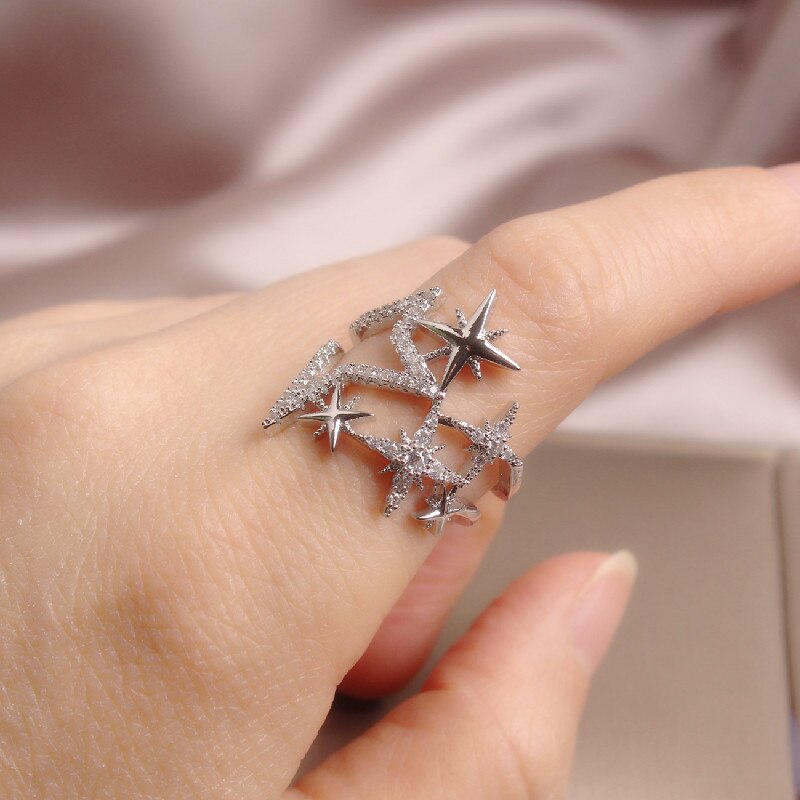 Korean new design fashion jewelry copper inlaid zircon light luxury opening hollow five-pointed star female party star prom ring