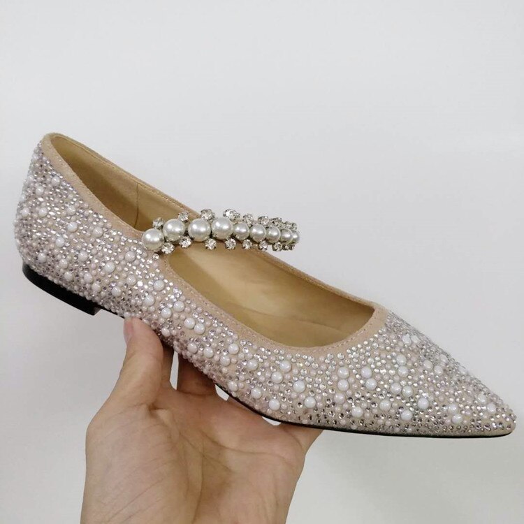 Pearl Slippers Shoes Women Basic 2023 Summer Flock Shiny Rhinestones Pointed Toe Flats Pearl Slippers Fashion Party Women Shoes