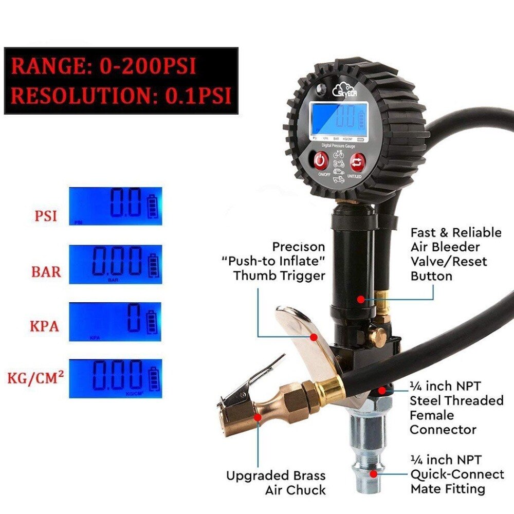 Tire Pressure Gauge Digital Tire Tester 200PSI LCD Display Air Pressure Manometer Quick Connect Coupler for Car Truck Motorcycle