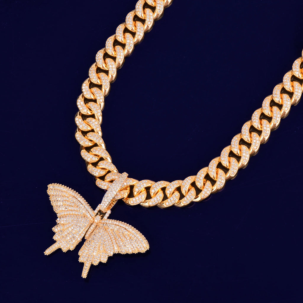 Butterfly Pendant Gold Color Plated Necklace Bling AAA Zircon Men&#39;s Hip Hop Jewelry