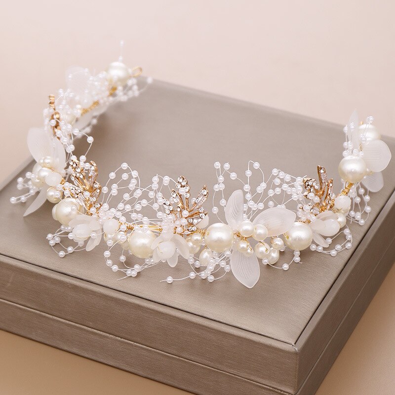 Luxurious Gold Pearl Rhinestone Hair Jewelry For Women Handmade Tiara Bridal Hair Bands Wedding Hair Accessories Gift Headpieces