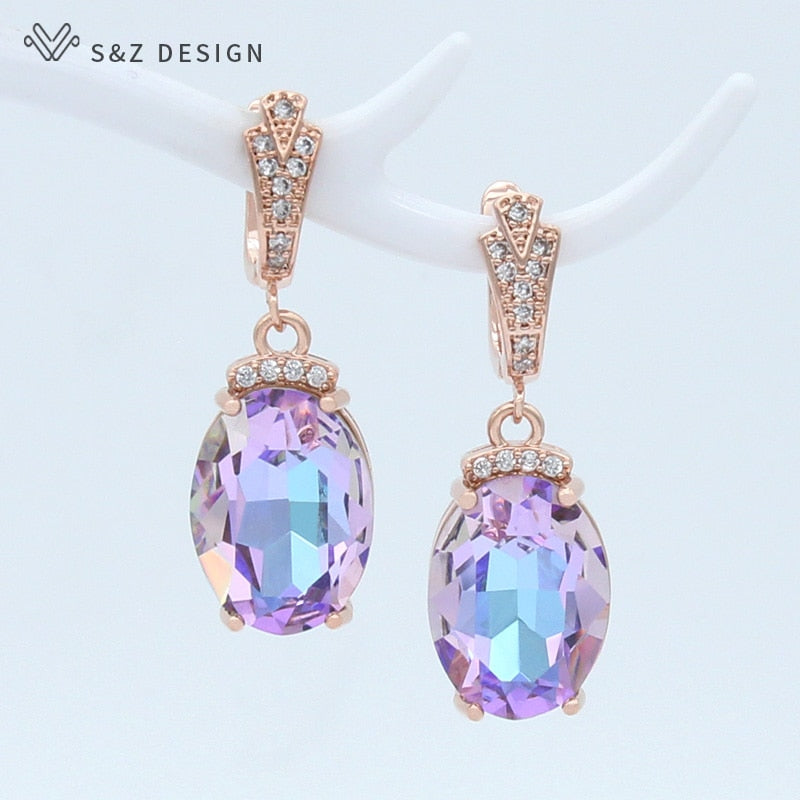 S&amp;Z DESIGN New Fashion Oval Large Crystal Dangle Earrings For Women Wedding Luxury Rose Gold Zirconia Jewelry