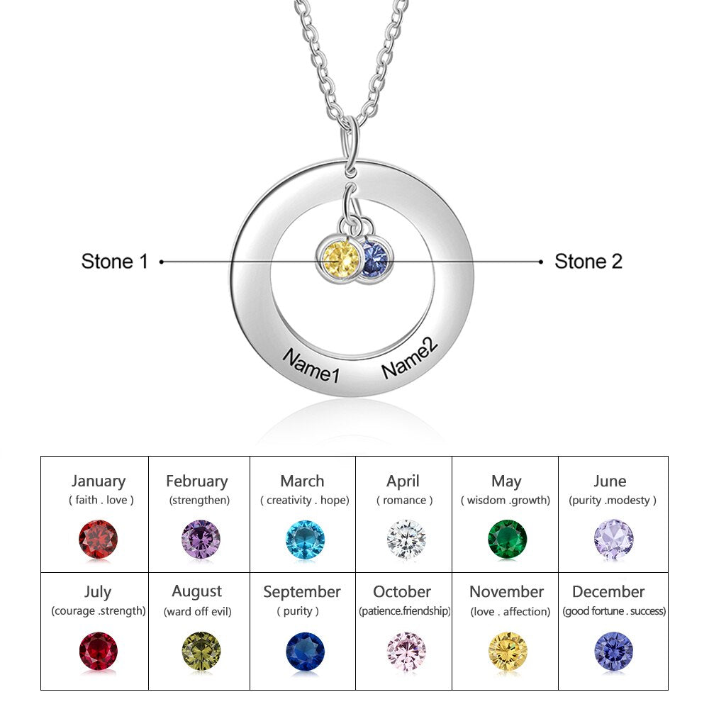 Personalized Stainless Steel Circle Necklace with 1-3 Birthstones Custom Name Engraved Round Pendant Necklace for Women /Mother