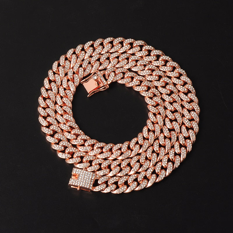 D&amp;Z Hip Hop 13mm Rose Gold Cuban Link Chain For Men Iced Out Bling Rhinestone Chaine Homme Fashion Jewelry Wholesale