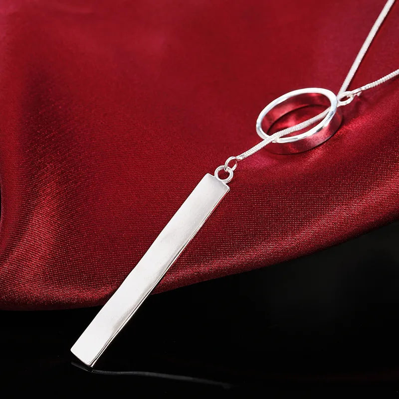 925 Silver Long Circle Bar Pendants Necklace Chains For Women Valentine&#39;s Gift Fashion Jewelry