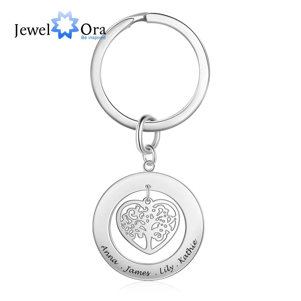 JewelOra Personalized Stainless Steel Tree of Life Engrave Name Key Chain Customize Family Names Keychains for Men Women Jewelry