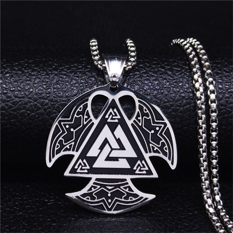Norse Viking Valknut Necklace Stainless Steel Ax Pendant Necklace for Men Trinity Amulet Jewelry gargantilla N4022S02
