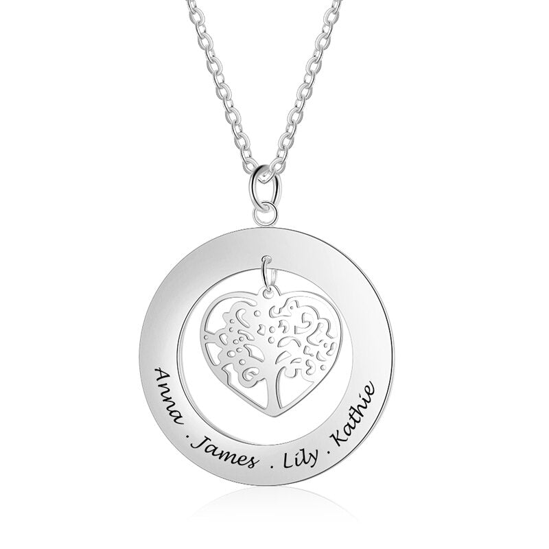 JewelOra Personalized Tree of Life Engrave Name Necklace Silver Color Round Customized Necklaces & Pendants Family Gifts