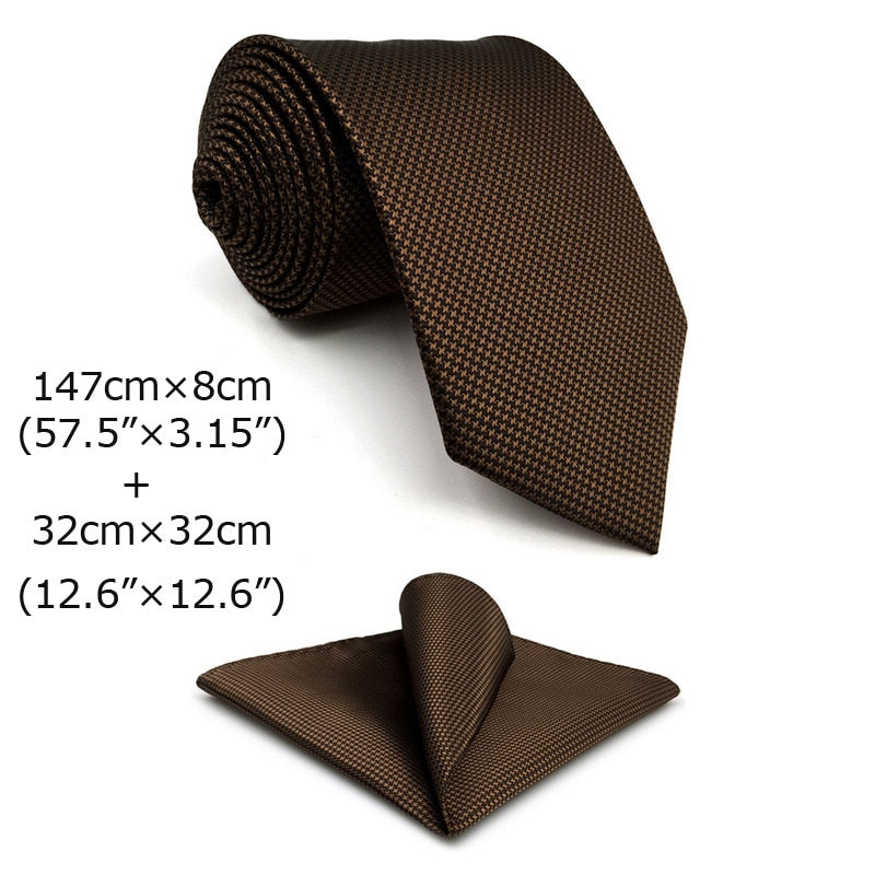 U27 Brown Houndstooth Necktie Set Handmade Wedding Fashion Extra Long Size Classic Ties for Mens Hanky