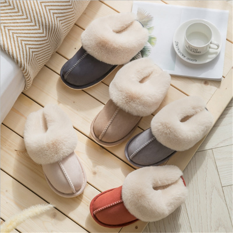 JIANBUDAN Plush warm Home flat slippers Lightweight soft comfortable winter slippers Women's cotton shoes Indoor plush slippers