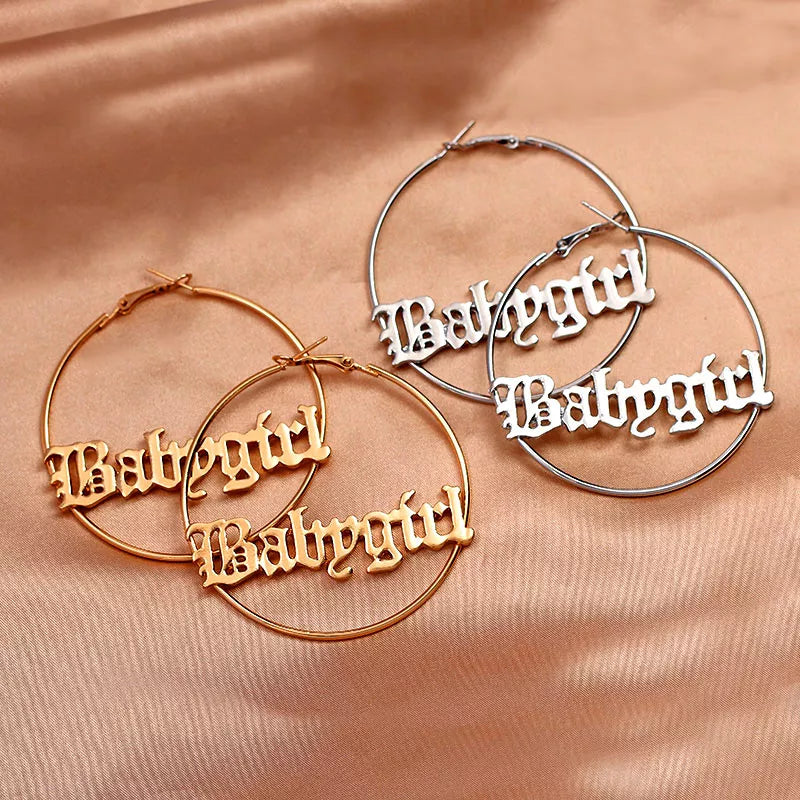 Flatfoosie Punk Hip-hop Hyperbole Big Circle Hoop Earrings Gold Silver Color Babygirl Letter Earrings Women Fashion Jewelry