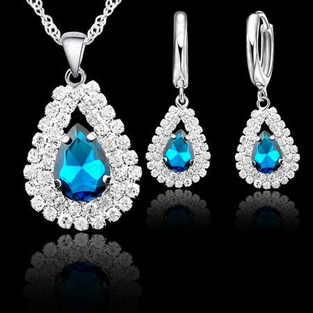 Elegant Wedding Jewelry Sets 925 Sterling Silver Women Fine Water Drop Crystal Engagement Pendant Necklace Earrings Set