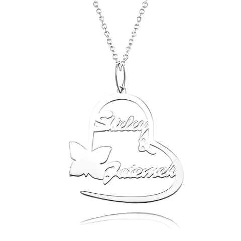 HEART BUTTERFLY SILVER PERSONALIZED  NAME PENDANT DECORATED WITH BUTTERFLY.