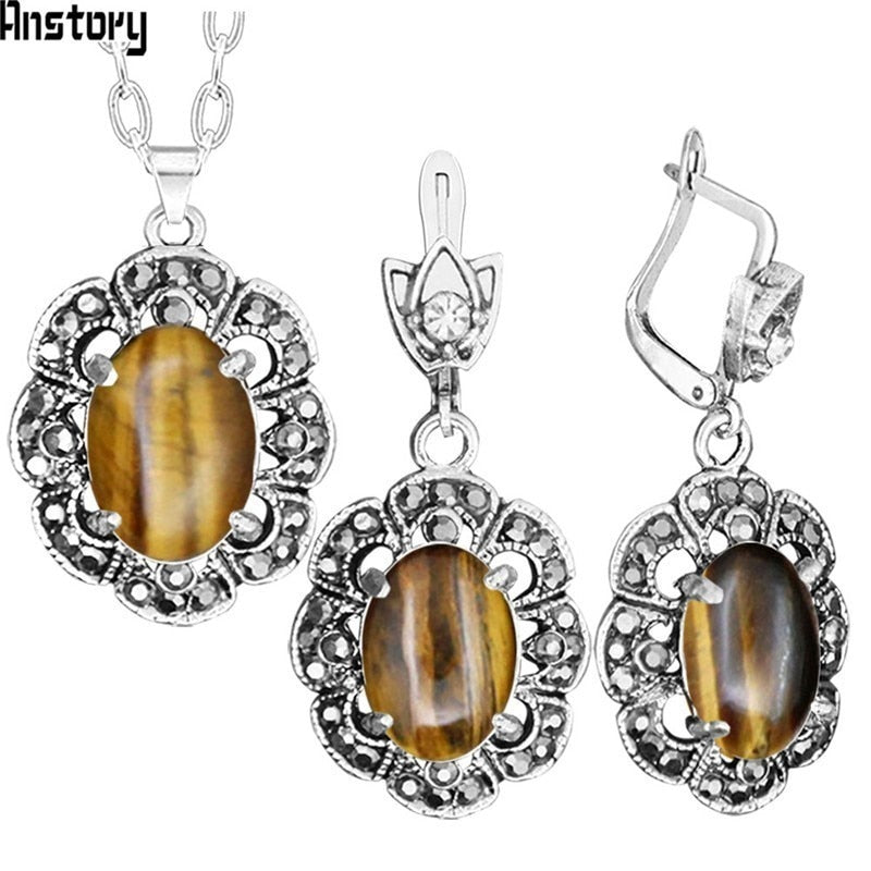 Pflaume Blume Anhänger Natürliche Tiger Eye Halskette Ohrringe Schmuck-Set Strass Vintage Mode Schmuck Für Frauen TS403